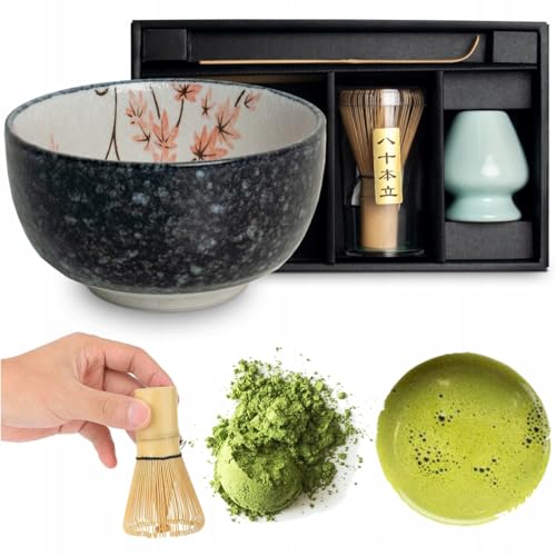 Matcha Set 4 tlg. Original japanische Schale mit Besen & Löffel Edo Japan Geschenkverpackung mit Matcha Besen Chasen, Matchabesen,Matchabesen Halter,Matcha Bambuslöffel Chashaku von WESTCRAFT