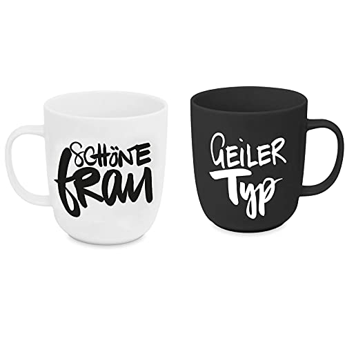Porzellantasse Tasse Henkelbecher Frühstück Kaffee & Tee Becher 350ml - Geiler Typ & Schöne Frau (Geschenk-Set) von WESTCRAFT