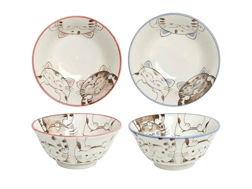 Tokio Japan Design Katzen Schalen Kawaii Cat Tayo Schüssel Black Green Blue & Pink | Nippon Porzellan Ramen Reis Nudel Suppen Dessert Bowl | süße Katzenschälchen (2x Three Cats 15x7cm 500ml BluePink) von WESTCRAFT