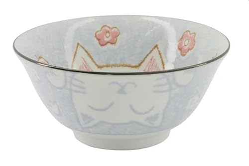 Tokio Japan Design Katzen Schalen Kawaii Cat Tayo Schüssel Black Green Blue & Pink | Nippon Porzellan Ramen Reis Nudel Suppen Dessert Bowl | süße Katzenschälchen (Floral Cat 15x7cm 500ml Blue) von WESTCRAFT