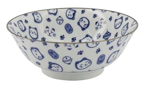 Tokio Japan Design Katzen Schalen Kawaii Cat Tayo Schüssel Black Green Blue & Pink | Nippon Porzellan Ramen Reis Nudel Suppen Dessert Bowl | süße Katzenschälchen (Lucky Cat 19x7cm 1000ml BIG Blue) von WESTCRAFT