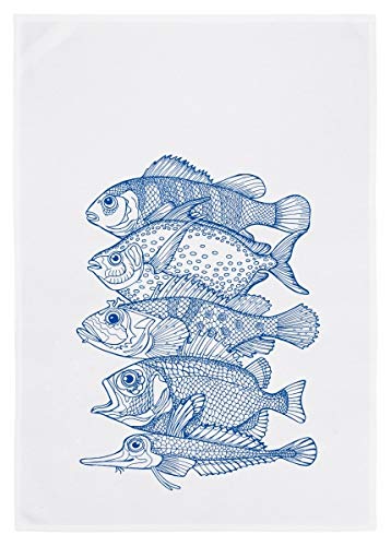 WESTCRAFT Maritime Geschirrtücher / Küchen-Handtuch - Dish Towel Vintage aus 100% Baumwolle 50 x 70 cm (5 Fische blau) von WESTCRAFT