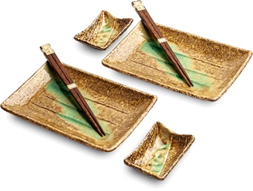 WESTCRAFT Orientalischer Sushi Teller Set | 6-teiliges Sushi-Set für 2 Personen | Sushi-Teller, Schalen und Essstäbchen in verschiedenen Asia Designs - Made in Japan (Baumrinde) von Westcraft
