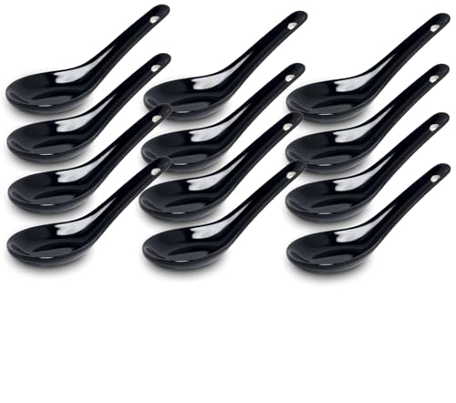 White and black Series ASIATICA | Porzellan-Löffel-Set Asien | 13 cm - Reis-Löffel - Suppen-Löffel, Servier-Löffel, Dessert-Löffel - Spoon-Set Ramen (12er Set schwarz) von Westcraft