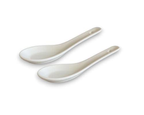 White and black Series ASIATICA | Porzellan-Löffel-Set Asien | 13 cm - Reis-Löffel - Suppen-Löffel, Servier-Löffel, Dessert-Löffel - Spoon-Set Ramen (2er Set weiß) von Westcraft