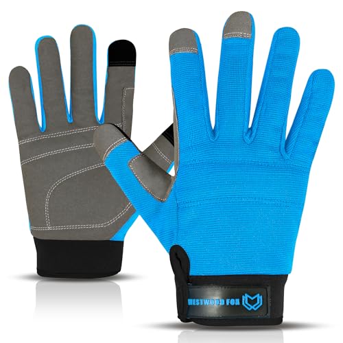 Sicherheitsarbeitshandschuhe, Strapazierfähige Gartenhandschuhe für Männer, stichfest, gepolstert, atmungsaktiv, Touchscreen-Handflächenschutz, mechanischer Baumeister (Blau, M) von WESTWOOD FOX