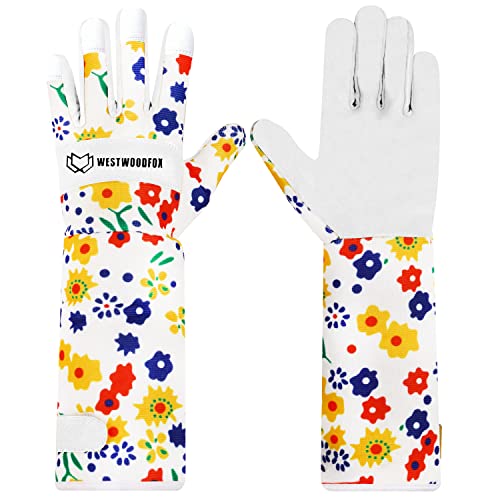 WESTWOOD FOX Leder Gartenhandschuhe Lange Unterarmschutz Ärmel dornsichere Arbeitshandschuhe Rose Beschneiden Garten Sicherheit Atmungsaktiv Langlebig Dicke Handflächenhandschuh (Weiß, M) von WESTWOOD FOX