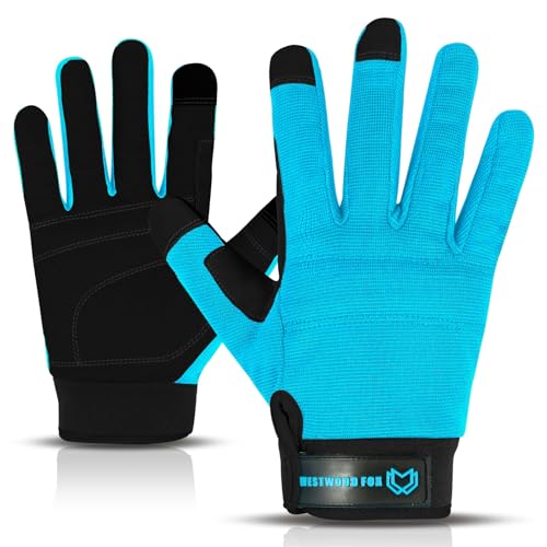 WESTWOOD FOX Leichte Arbeitshandschuhe, Herren Damen Multifunktionale Arbeitshandschuhe mit Handflächenschutz Gartenarbeit Bauarbeitshandschuhe Touchscreen Strapazierfähige (Cyan, M) von WESTWOOD FOX