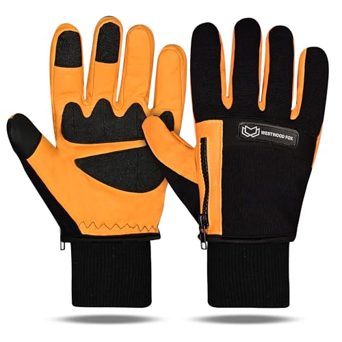 WESTWOOD FOX Wasserdichte Arbeitshandschuhe im Winter, Winterhandschuhe aus Leder für Männer und Frauen, Sicherheitsarbeitshandschuhe mit Touchscreen für Bauarbeiten (Schwarz-Gelb, XL) von WESTWOOD FOX