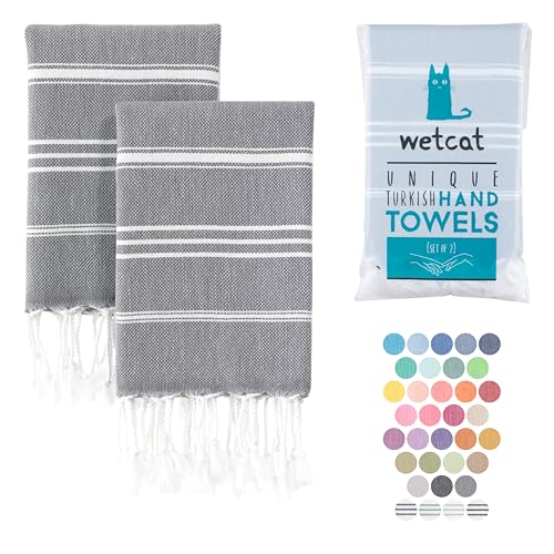 WETCAT Türkische Handtücher mit Aufhängeschlaufe (20x30) - 2er Set 100% Baumwolle weich - vorgewaschen Farmhouse Boho Handtücher für Badezimmer - Einzigartiges dunkelgrau Küchentücher Deko-Set von WETCAT