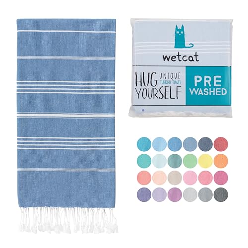 Wetcat Vorgewaschenes Super weiches türkisches Handtuch, 100% Baumwolle, Stranddecke, Pestemal, Fouta, Überwurf – für Bad, Strand, Pool, Picknick, Yoga, Reisen, 94 x 178 cm – Katze Katze Basic Blue von WETCAT