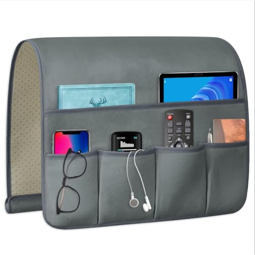 WETRBWEH TV-Fernbedienungshalter, Couch-Caddy, rutschfester Nachttisch-Organizer mit 5 Taschen für Schlüssel, Brillen, Handy, Zeitschriftenhalter (grau, 89,9 x 45,7 cm) von WETRBWEH