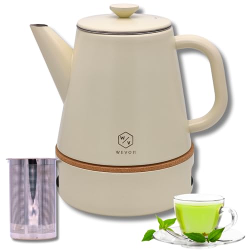 Edelstahl Teekanne 1 Liter mit Stövchen - Doppelwandig, Tropffreier Ausguss - mit Siebeinsatz für losen Tee oder Teebeutel (Beige) von WEVOH