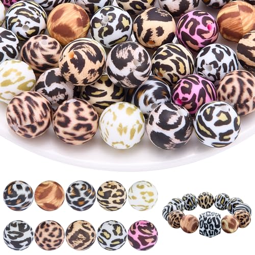 WEWAYSMILE 60 Stück 15mm Leoparden Silikonperlen Bedruckte Silikonperlen Für Die Herstellung Von Schlüsselanhängern DIY Perlen Stiften Schlüsselbändern Armbändern Halsketten Schmuck (Mehrfarbig) von WEWAYSMILE
