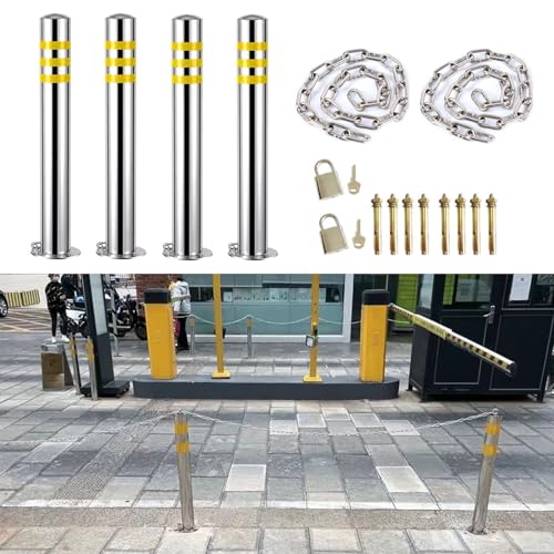 WEYIMVTO Parkplatzsperre Pollerpfosten for Einfahrten, Parkplatzblocker, robuster Verkehrsleitpfosten mit Ketten und Vorhängeschloss, nachtreflektierendes Design(4 Pcs,29.5inch/75cm Tall) von WEYIMVTO