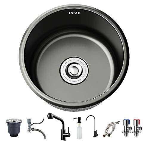 runde Waschbecken, Edelstahlspüle, Runde Unterbauspüle mit Wasserhahn, Einzelbecken-Küchenspülen(E,28 * 28Cm) von WEYIMVTO