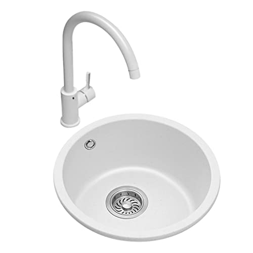 runde Waschbecken, Küchenspüle, Spüle aus weißem Quarzstein, Kanalspüle mit Wasserhahn, runde kleine Spüle, Küchenbalkonspüle, Unterbauspüle(42Cm) von WEYIMVTO