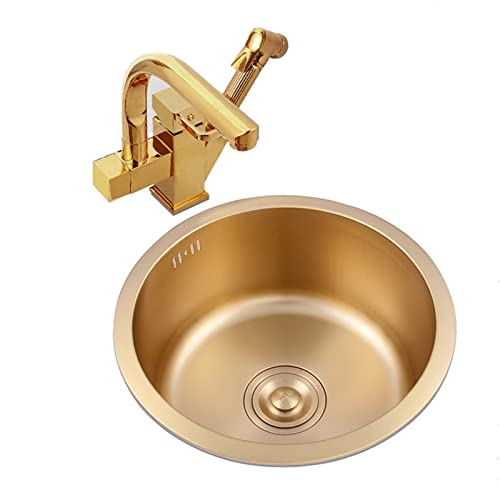 runde Waschbecken, Küchenspüle Einzelbeckenspüle mit ausziehbarem Wasserhahn Goldene Rundspüle Spüle Unterbauspüle Insel Einzelspüle(36 * 36 * 19Cm) von WEYIMVTO