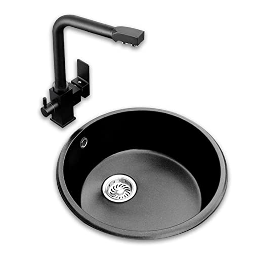 runde Waschbecken, Küchenspüle Schwarzes Rundspülbecken mit 3-in-1-Wasserhahn Küchenspüle Quarzsteinspüle Balkonspüle(46 * 46 * 21Cm) von WEYIMVTO