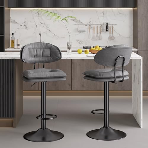 WEYREK Barhocker 2er Set 360° drehbar | Gepolsterte Barhocker mit Rückenlehne Fußstütze Verstellbare Doppellagige Barstuhl | für Bar, Café, Kücheninsel,einfach zu montieren, Dunkelgrau von WEYREK