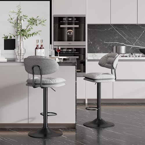 WEYREK Barhocker 2er Set 360° drehbar | Gepolsterte Barhocker mit Rückenlehne Fußstütze Verstellbare Doppellagige Barstuhl | für Bar, Café, Kücheninsel,einfach zu montieren, Hellgrau von WEYREK