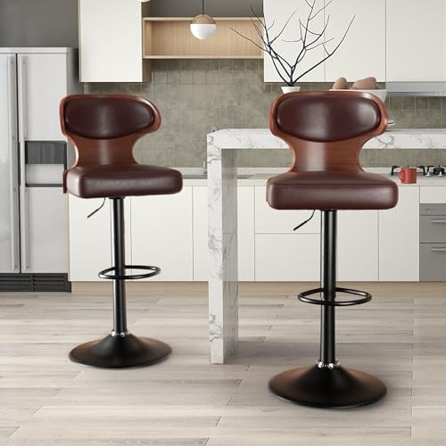 WEYREK Barhocker 2er Set Höhenverstellbar 360°Drehbar Barstühle Küchenstühle mit Rückenlehne und Fußstütze, Barstuhl aus Holz und PU-Kunstleder,Sitzhöhe 64cm - 86 cm für die Küche, Braun von WEYREK