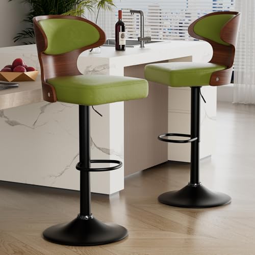 WEYREK Barhocker 2er Set Höhenverstellbar 360°Drehbar Barstühle Küchenstühle mit Rückenlehne und Fußstütze, Barstuhl aus Holz und PU-Kunstleder,Sitzhöhe 64cm - 86 cm für die Küche, Grün von WEYREK