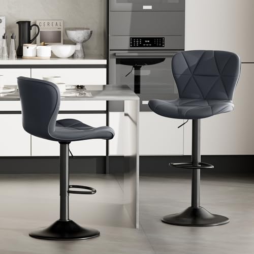 WEYREK Barhocker 2er Set mit Luftheber | Höhenverstellbar 90-112 cm | Für Tresen 90-129 cm | Drehstühle mit Kunstleder & Rückenlehne | Küchenhocker für Bar, Café, Kücheninsel,Dunkelgrau von WEYREK