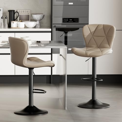 WEYREK Barhocker 2er Set mit Luftheber | Höhenverstellbar 90-112 cm | Für Tresen 90-129 cm | Drehstühle mit Kunstleder & Rückenlehne | Küchenhocker für Bar, Café, Kücheninsel,Hellbeige von WEYREK