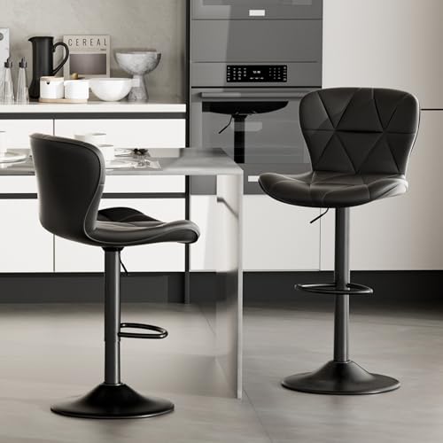 WEYREK Barhocker 2er Set mit Luftheber | Höhenverstellbar 95-117 cm | Für Tresen 95-129 cm | Drehstühle mit Kunstleder & Rückenlehne | Küchenhocker für Bar, Café, Kücheninsel,Schwarz von WEYREK
