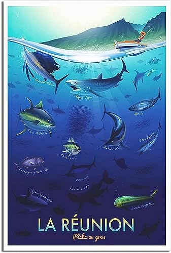 Leinwandkunst Réunion Fishing Vintage-Reiseplakat, Poster auf der Wand, Kunst, Wandgemälde, Raumdekoration, Malerei Ungerahmt 60x90cm von WEYUE
