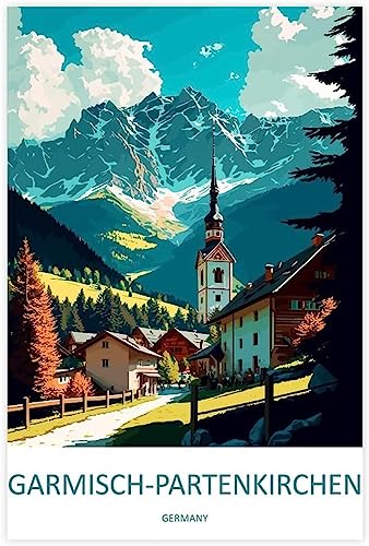 WEYUE Leinwandkunst Garmisch Partenkirchen Vintage Reiseposter Wandposter Kunstwandbild Heimdekoration Raumdekoration Ungerahmt 60x90cm von WEYUE