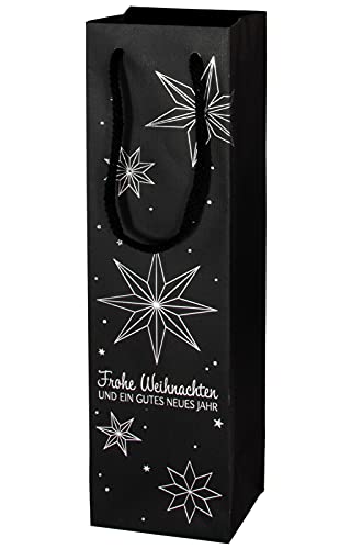 10x Flaschentüten Weihnachten - Geschenktaschen Sternmotiv, Schwarz & Silber von WEiNDOTCOM