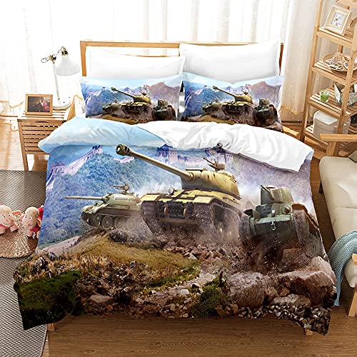 Panzer Bedding Krieg Bettwäsche Panzerwagen Tank Militärfan Bettbezug Tank Bettwäsche-Set 3 Teilig Panzer Bettbezug 135x200 Cm Bett-Bezug Mit Reißverschluss,2 Kissenbezug 80x80cm (A6,135x200+80x80 cm) von WFBZ