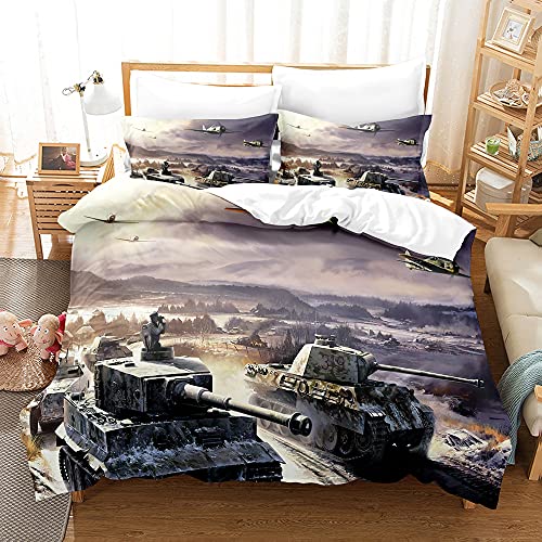 Panzer Bedding Krieg Bettwäsche Panzerwagen Tank Militärfan Bettbezug Tank Bettwäsche-Set 3 Teilig Panzer Bettbezug 135x200 Cm Bett-Bezug Mit Reißverschluss,2 Kissenbezug 80x80cm (A3,135x200+50x75 cm) von WFBZ