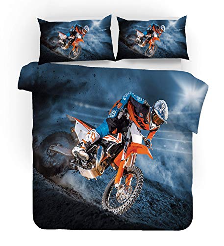 WFBZ Bettbezug Moto Cross 140 x 200 cm Bettbezug 140 x 200 cm Moto Cross 3D Motorrad Bettbezug 140 x 200 cm und 2 Kissenbezüge 63 x 63 cm, Mikrofaser Bettwäsche von WFBZ