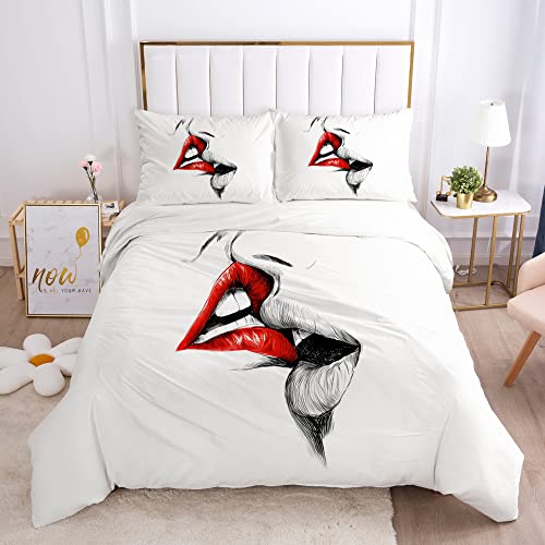 WFBZ Partner Bettwäsche Set Bettbezug mit Kissenbezügen Die Lippen der Sexy Frau Hell Rote Lips Lächeln Mikrofaser Paar Romantischer Stil Trösterabdeckung (Styple 2#,135x200+80x80 cm) von WFBZ