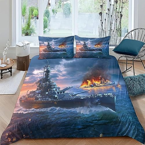 WFBZ Warships Bettwäsche Set Bettbezug Mit Reißverschluss, Für Damen Und Herren Mikrofaser Geeignet Für Kinder, Jungen Und Jugendliche 3 Teilig (A5,155x220/80x80 cm) von WFBZ