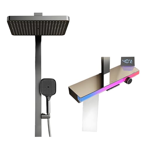 Duschsystem mit Temperatur Led Display, Duscharmatur Komplettset mit 33x22cm Kopfbrause, 4 Strahlarten Handbrause und Wasserfallauslauf, Regendusche mit Armatur, Duschset mit Glasablage von WFCTG