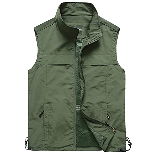 Männer Wandern Weste Sommer Casual Herren Angeln Weste/Gilet Dünn Atmungsaktiv Multi Pocket Weste Fotograf Ärmellose Jacke,Army Green,4XL von WFEI