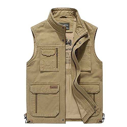 Männer Weste Hohe Qualität Reporter Reise Weste Männer Cargo Ärmellose Jacke Multi Pockets Männliche Weste,Khaki,3XL von WFEI