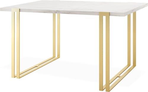 Ausziehbarer Esstisch - Großer Tisch im Loft-Stil mit Golden Metallbeinen 120 bis 220 cm - Industrietisch für das Wohnzimmer - Spacesaver - Weiß Marmor - 120 x 80 cm von WFL GROUP