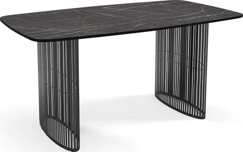 Esstisch Rechteckig Ausziehbar mit Lamellen im Loft-Stil – 160 bis 240 cm – Schwarzen Metallbeinen, Industrieller Tisch mit Abgerundeten Ecken für 8-12 Personen – Wohnzimmer – Marmor Schwarz von WFL GROUP