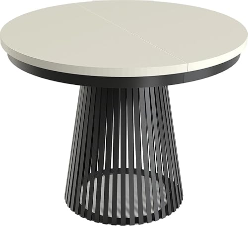 Esstisch Rund Ausziehbar mit Lamellen im Loft-Stil – 100 bis 180 cm – Industrieller Tisch mit Schwarzen Metallbeinen, Metallgestell – Platzsparend für Wohnzimmer oder Esszimmer – Beige Kaschmir von WFL GROUP