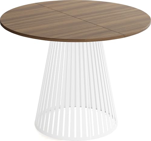 Esstisch Rund Ausziehbar mit Lamellen im Loft-Stil – 120 bis 200 cm – Industrieller Tisch mit Weißen Metallbeinen, Platzsparend für Wohnzimmer oder Esszimmer – Walnuss Braun von WFL GROUP