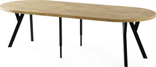Esstisch Rund Groß XXL Ausziehbar im Loft-Stil – 100 bis 250 cm – Extra Lang Ausziehtisch mit Schwarzen Holzbeinen, Industrieller Tisch für 5-14 Personen – Esszimmertisch – Eiche Hell Braun von WFL GROUP