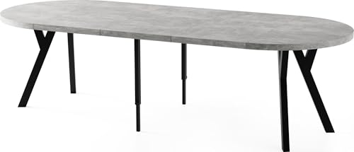 Esstisch Rund Groß XXL Ausziehbar im Loft-Stil – 100 bis 250 cm – Extra Lang Ausziehtisch mit Schwarzen Holzbeinen, Industrieller Tisch für 5-14 Personen – Esszimmertisch – Grauer Beton von WFL GROUP