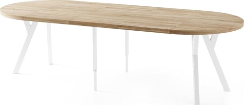 Esstisch Rund Groß XXL Ausziehbar im Loft-Stil – 100 bis 250 cm – Extra Lang Ausziehtisch mit Weißen Holzbeinen, Industrieller Tisch für 5-14 Personen – Esszimmertisch – Eiche Hell Braun von WFL GROUP