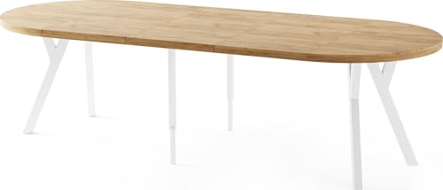Esstisch Rund Groß XXL Ausziehbar im Loft-Stil – 100 bis 250 cm – Extra Lang Ausziehtisch mit Weißen Holzbeinen, Industrieller Tisch für 5-14 Personen – Esszimmertisch – Eiche Hell Braun von WFL GROUP