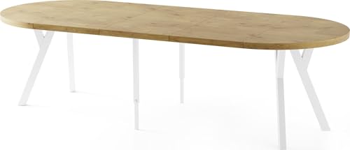 Esstisch Rund Groß XXL Ausziehbar im Loft-Stil – 100 bis 250 cm – Extra Lang Ausziehtisch mit Weißen Holzbeinen, Industrieller Tisch für 5-14 Personen – Esszimmertisch – Eiche Hell Braun von WFL GROUP
